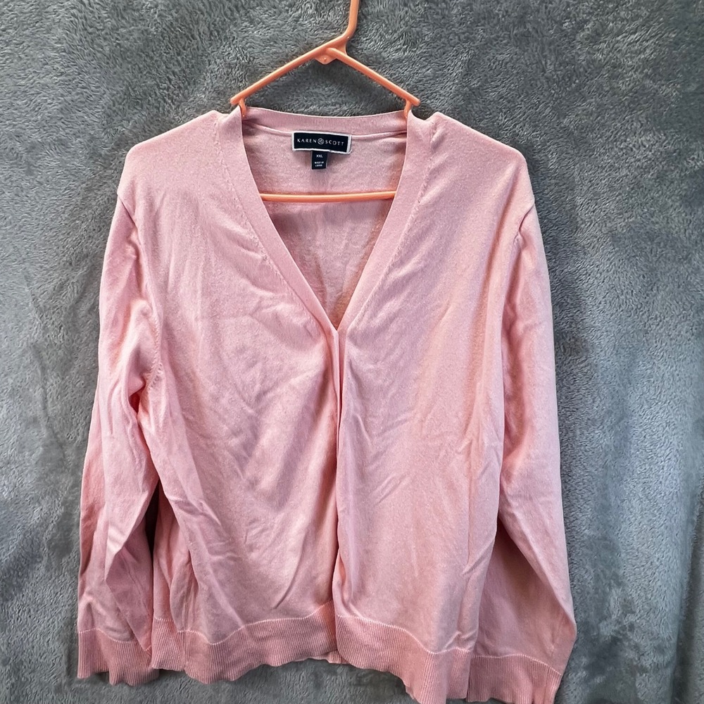 Karen Scott Womens XXL Pink V-Neck Button Front Cardigan Coquette Preppy Classic